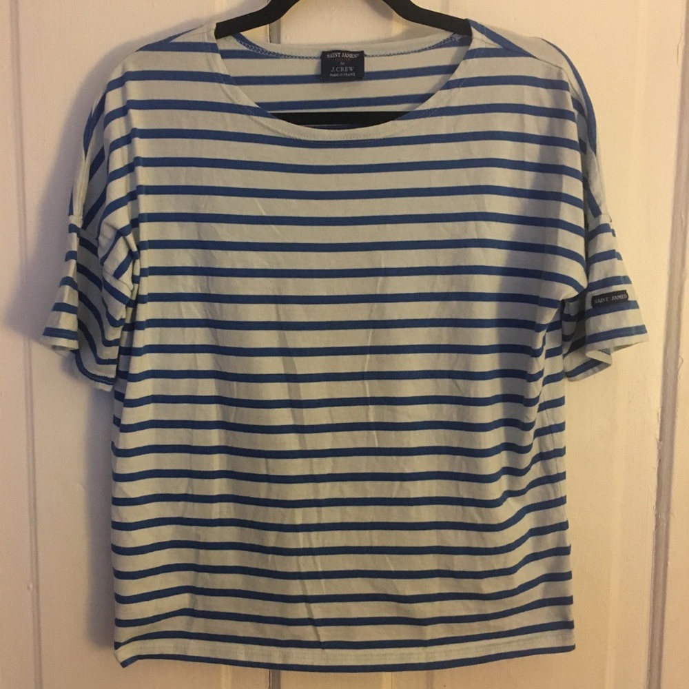 Saint James for J. Crew blue striped drop shoulder tee. Perfect for summer!